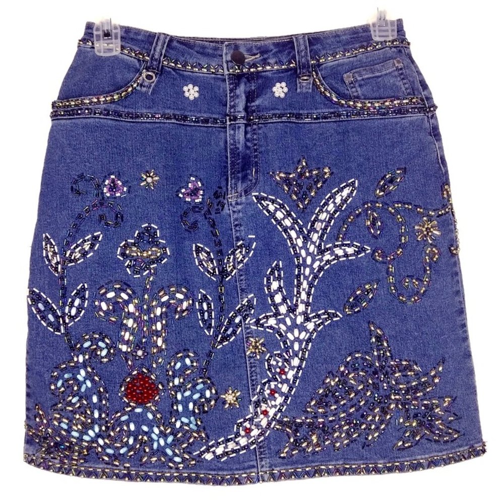 VTG Azita Jeans Heavily Beaded Denim Skirt